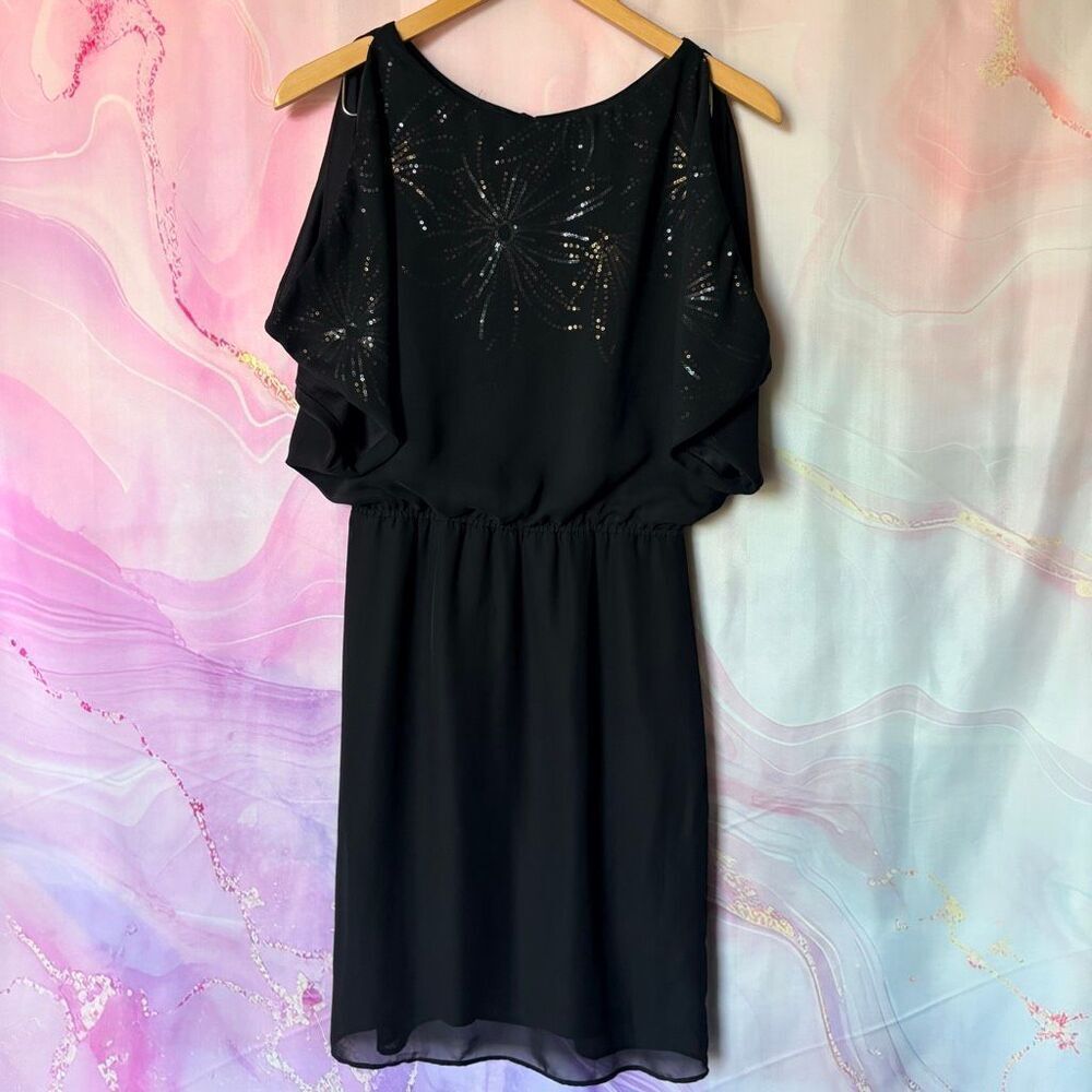 Jessica Howard 4P Black Cold Shoulder Dress Sequin Floral Romantic Evening Artsy